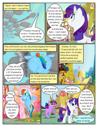 Size: 612x792 | Tagged: safe, artist:newbiespud, edit, edited screencap, imported from derpibooru, screencap, rainbow dash, rarity, twilight sparkle, pegasus, pony, unicorn, comic:friendship is dragons, magical mystery cure, a true true friend, building, comic, crying, dialogue, element of loyalty, element of magic, eyelashes, female, flying, glowing horn, horn, magic, mare, outdoors, raised hoof, screencap comic, swapped cutie marks, tears of joy, telekinesis, thinking, unicorn twilight, wings