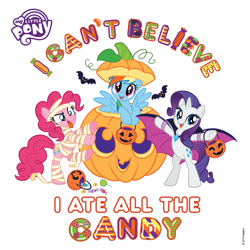 Size: 1241x1242 | Tagged: safe, imported from derpibooru, pinkie pie, rainbow dash, rarity, bat, earth pony, pegasus, pony, unicorn, bat wings, bipedal, bucket, candy, clothes, costume, cute, cute little fangs, facebook, fangs, female, food, g4, halloween, holiday, jack-o-lantern, jewelry, mare, mummy costume, my little pony logo, necklace, official, pumpkin, simple background, trio, trio female, white background, wings