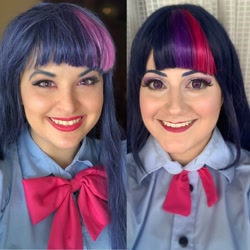 Size: 2048x2048 | Tagged: safe, artist:sarahndipity cosplay, artist:shelbeanie, imported from derpibooru, twilight sparkle, human, equestria girls, clothes, cosplay, costume, eyeshadow, grin, high res, irl, irl human, makeup, photo, smiling, twolight