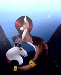 Size: 1024x1247 | Tagged: safe, artist:xxxcherrypauxxx, imported from derpibooru, oc, oc only, merpony, seapony (g4), blue eyes, bubble, crepuscular rays, dorsal fin, female, fish tail, flowing mane, flowing tail, jewelry, ocean, red mane, solo, sunlight, swimming, tail, underwater, water