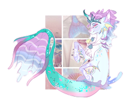 Size: 1600x1297 | Tagged: safe, artist:holoriot, artist:oashoxxo, imported from derpibooru, oc, oc only, merpony, seapony (g4), chest fluff, colored pupils, crown, custom, fins, fish tail, flowing tail, irl, jewelry, looking at you, male, mermaid tail, necklace, photo, pink eyes, purple mane, regalia, seashell necklace, simple background, smiling, solo, tail, toy, transparent background