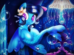 Size: 975x720 | Tagged: safe, artist:galaxysultan, imported from derpibooru, oc, oc only, jellyfish, pegasus, pony, seapony (g4), blue mane, bubble, dorsal fin, female, fin wings, fish tail, flower, flower in hair, flowing tail, glow, glowing, ocean, purple eyes, seaponified, seaquestria, solo, species swap, swimming, tail, throne, throne room, underwater, water, wings