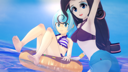 Size: 1366x768 | Tagged: source needed, safe, artist:hornydogo, imported from derpibooru, coco pommel, rarity, human, equestria girls, 3d, barefoot, beach, bikini, clothes, duo, duo female, feet, female, inner tube, koikatsu, midriff, rarity's beach shorts swimsuit, sarong, swimsuit