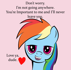 Size: 2390x2357 | Tagged: safe, artist:vareb, imported from derpibooru, rainbow dash, pegasus, pony, affection, bust, cute, dialogue, female, heart, high res, looking at you, mare, pink background, positive ponies, simple background, solo, talking to viewer, text, wholesome