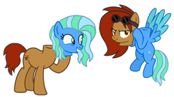 Size: 1280x712 | Tagged: safe, artist:motownwarrior01, imported from derpibooru, oc, oc only, dullahan, earth pony, pegasus, pony, blue eyes, detachable head, disembodied head, earth pony oc, female, flying, grumpy, headless, hoof hold, mare, modular, nose wrinkle, orange eyes, partial body swap, pegasus oc, scrunchy face, simple background, smiling, spread wings, tail, transparent background, two toned mane, two toned tail, wings