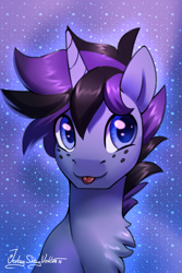 Size: 2000x3000 | Tagged: safe, artist:jedayskayvoker, imported from derpibooru, oc, oc only, oc:lunar pulse, oc:lunar voyage, pony, bust, colored, colored sketch, cute, freckles, full color, high res, icon, looking at you, male, portrait, sketch, solo, stallion, tongue out