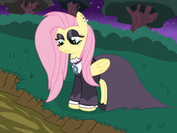 Size: 1600x1200 | Tagged: safe, artist:amateur-draw, imported from derpibooru, fluttershy, pegasus, pony, clothes, dress, female, fluttergoth, goth, mare, mud, mud bath, mud play, muddy, night, quicksand, show accurate, solo, wet and messy