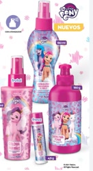 Size: 600x1103 | Tagged: safe, imported from derpibooru, izzy moonbow, pipp petals, sunny starscout, zipp storm, earth pony, pegasus, pony, unicorn, cream, female, g5, lotion, mare, merchandise, my little pony logo, official, perfume, spanish, spray can