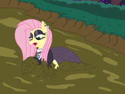 Size: 1600x1200 | Tagged: safe, artist:amateur-draw, imported from derpibooru, fluttershy, pegasus, pony, clothes, dress, female, fluttergoth, gothic, mare, mud, mud bath, mud play, muddy, night, quicksand, show accurate, solo, wet and messy