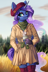 Size: 6000x9000 | Tagged: safe, artist:faline-art, imported from derpibooru, princess luna, alicorn, anthro, absurd file size, absurd resolution, autumn, breath, clothes, coat, coffee, constellation, ethereal mane, female, hat, legwear, looking at you, scarf, smiling, solo, tree, visible breath