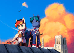 Size: 2500x1796 | Tagged: safe, artist:mrscroup, imported from derpibooru, oc, oc only, oc:anja snow, oc:arclight, pegasus, pony, unicorn, assassin's creed, cathedral, cloud, duo, notre dame, paris, sky
