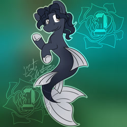 Size: 1024x1024 | Tagged: safe, artist:rosexknight, edit, imported from derpibooru, oc, oc only, earth pony, merpony, pony, seapony (g4), brown eyes, commission, dorsal fin, fins, fish tail, flowing tail, green background, logo, logo edit, seaponified, signature, simple background, smiling, solo, species swap, tail