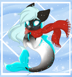 Size: 432x460 | Tagged: safe, artist:dabunno, imported from derpibooru, oc, oc only, merpony, seapony (g4), blue background, blue eyes, blue mane, clothes, dorsal fin, fins, fish tail, flowing mane, flowing tail, open mouth, scarf, simple background, snow, solo, tail