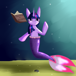 Size: 2449x2449 | Tagged: safe, artist:whisperingblue, imported from derpibooru, twilight sparkle, merpony, seapony (g4), unicorn, book, bubble, crepuscular rays, female, fish tail, flowing tail, high res, horn, looking at you, mermaid tail, purple eyes, sand, seaponified, seapony twilight, smiling, solo, species swap, sunlight, tail, underwater, water