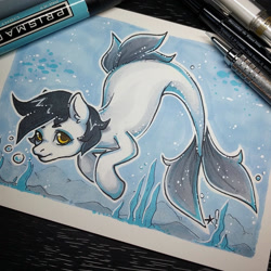 Size: 1280x1280 | Tagged: safe, artist:stardrawsponies, artist:starsheepsweaters, imported from derpibooru, oc, oc only, merpony, seapony (g4), bubble, dorsal fin, fish tail, flowing tail, looking at you, ocean, photo, seaweed, solo, swimming, tail, traditional art, underwater, water, yellow eyes