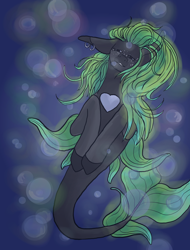 Size: 2136x2808 | Tagged: safe, artist:bunny-master, imported from derpibooru, oc, oc only, merpony, seapony (g4), blue background, bubble, digital art, dorsal fin, female, fish tail, flowing mane, flowing tail, green mane, heart, high res, ocean, simple background, solo, swimming, tail, underwater, water