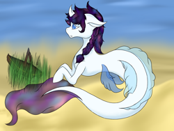 Size: 2048x1536 | Tagged: safe, artist:mako256, imported from derpibooru, oc, oc only, earth pony, merpony, pony, seapony (g4), blue eyes, dorsal fin, fins, fish tail, flowing tail, ocean, open mouth, purple mane, sand, seaweed, solo, swimming, tail, underwater, water