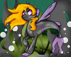 Size: 1498x1200 | Tagged: safe, artist:darumemay, imported from derpibooru, oc, oc only, changeling, hybrid, merpony, seapony (g4), bubble, deviantart watermark, dorsal fin, female, fins, fish tail, flowing mane, flowing tail, obtrusive watermark, ocean, orange mane, purple changeling, purple eyes, seaponified, seaweed, solo, species swap, swimming, tail, underwater, water, watermark