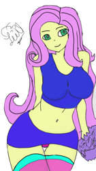 Size: 542x960 | Tagged: artist needed, safe, artist:flutteryaylove, imported from derpibooru, fluttershy, equestria girls, belly button, big breasts, breasts, busty fluttershy, clothes, female, midriff, panties, pink underwear, skirt, smiling, solo, sports bra, underwear, upskirt