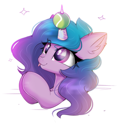 Size: 1624x1720 | Tagged: safe, artist:janelearts, imported from derpibooru, izzy moonbow, pony, unicorn, :p, ball, cute, ear fluff, female, g5, horn, horn impalement, hornball, izzy's tennis ball, izzybetes, mare, simple background, smiling, solo, tennis ball, tongue out, white background