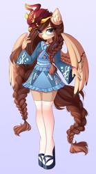 Size: 1854x3333 | Tagged: safe, artist:airiniblock, imported from derpibooru, oc, oc only, oc:ondrea, anthro, pegasus, unguligrade anthro, braid, braided tail, clothes, dress, female, furry, hoof shoes, pegasus oc, rcf community, socks, solo, thigh highs, wings