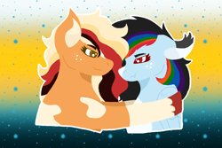 Size: 1200x800 | Tagged: safe, artist:synchr0wolf, imported from derpibooru, applejack, rainbow dash, earth pony, pegasus, pony, abstract background, alternate design, appledash, female, freckles, lesbian, shipping