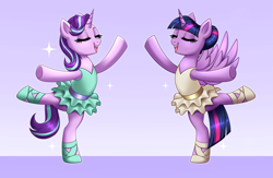 Size: 7665x5000 | Tagged: safe, artist:confetticakez, imported from derpibooru, starlight glimmer, twilight sparkle, alicorn, pony, unicorn, ballerina, ballet, ballet shoes, ballet slippers, clothes, commission, duo, duo female, eyes closed, female, glimmerina, gradient background, mare, open mouth, open smile, patreon, patreon reward, purple background, simple background, smiling, standing, standing on one leg, tutu, twilarina, twilight sparkle (alicorn), your character here