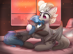 Size: 2757x2039 | Tagged: safe, artist:janelearts, imported from derpibooru, oc, oc only, oc:jizlez, oc:nobrony, bat pony, pony, bat pony oc, bat wings, bed, bedroom eyes, cuddling, cute, cutie mark, duo, duo male, glasses, high res, jewelry, male, necklace, sitting, sunset, wings