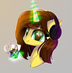 Size: 1658x1662 | Tagged: safe, artist:janelearts, imported from derpibooru, oc, oc only, pony, unicorn, bust, female, headphones, magic, mare, mug, portrait, solo, telekinesis