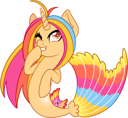 Size: 931x859 | Tagged: safe, artist:balrighty, imported from derpibooru, oc, oc only, pony, seapony (g4), unicorn, dorsal fin, female, fish tail, flowing tail, horn, multicolored hair, one eye closed, orange eyes, seaponified, simple background, smiling, solo, species swap, tail, teeth, transparent background, wink