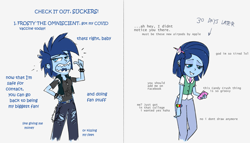 Size: 1135x649 | Tagged: safe, artist:earth_pony_colds, imported from derpibooru, oc, oc:frosty, equestria girls, airpods, bracelet, cellphone, jewelry, open mouth, phone, sharp teeth, sketch, spiked wristband, teeth, tired, wristband