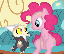 Size: 3550x3006 | Tagged: safe, artist:porygon2z, imported from derpibooru, pinkie pie, earth pony, pony, bandaid, broken horn, collar, crossover, duo, female, friendshipping, high res, horn, king (the owl house), king clawthorne, male, movie accurate, pet tag, skull, sugarcube corner, the owl house, titan