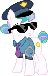 Size: 1941x3090 | Tagged: safe, artist:blah23z, imported from derpibooru, copper top, princess celestia, pony, cuffs, female, hat, necktie, palette swap, police, police officer, police uniform, recolor, sunglasses