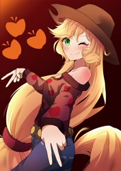 Size: 2894x4093 | Tagged: safe, artist:erufi, imported from derpibooru, applejack, human, blushing, cute, floating heart, heart, humanized, jackabetes, looking at you, one eye closed, smiling, solo, wink, winking at you