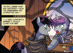 Size: 543x397 | Tagged: safe, artist:tonyfleecs, idw, imported from derpibooru, shadow lock, pony, unicorn, spoiler:comic53, cloak, clothes, male, mirror, reflection, scared, solo, stallion