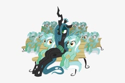 Size: 820x543 | Tagged: safe, imported from derpibooru, lyra heartstrings, queen chrysalis, changeling, changeling queen, pony, unicorn, bench, clone, derp, eyes closed, female, meme, queen chrysalis is not amused, simple background, sitting, sitting lyra, unamused