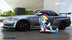 Size: 3840x2160 | Tagged: safe, imported from derpibooru, rainbow dash, fanfic:equestria motorsports, equestria girls, car, female, forza motorsport 6, grin, gtr, high res, looking at you, nissan, nissan skyline, pose, posing for photo, sitting, smiling, smiling at you, solo, watermark