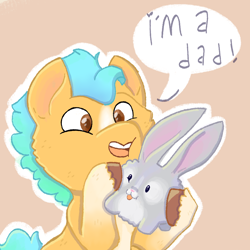 Size: 1100x1100 | Tagged: safe, artist:apatheticxaddict, imported from derpibooru, hitch trailblazer, earth pony, pony, rabbit, animal, colored pupils, critter magnet, cute, dialogue, g5, happy, hilarious in hindsight, hitchbetes, male, my little pony: a new generation, stallion, text, tongue out, unshorn fetlocks