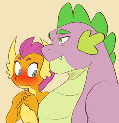 Size: 540x556 | Tagged: safe, artist:chub-wub, imported from derpibooru, smolder, spike, dragon, blushing, blushing profusely, female, gigachad spike, male, meme, older, older spike, pecs, shipping, spolder, straight