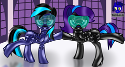 Size: 7680x4154 | Tagged: safe, alternate version, artist:damlanil, imported from derpibooru, oc, oc:nightlight aura, oc:star eyes, pegasus, pony, bdsm, bedroom eyes, blindfold, bondage, bondage mask, boots, bound wings, catsuit, clothes, collar, commission, corset, duo, duo female, female, gag, gimp suit, high heels, hood, hypnogear, hypnosis, hypnotized, latex, latex boots, latex suit, link in description, looking at you, mare, muzzle gag, night, night sky, raised hoof, raised leg, reflection, rubber, rubber suit, shiny, shiny mane, shoes, show accurate, sky, socks, standing on two hooves, story, story included, thigh highs, vector, visor, window, wings