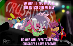 Size: 1120x713 | Tagged: safe, artist:killryde, edit, editor:undeadponysoldier, imported from ponybooru, apple bloom, scootaloo, sweetie belle, the show stoppers, animal i have become, band, caption, clothes, concert, cutie mark crusaders, drums, guitar, image macro, lyrics, lyrics in the description, makeup, microphone, musical instrument, parody, rock band, show stopper outfits, singing, song reference, text, three days grace