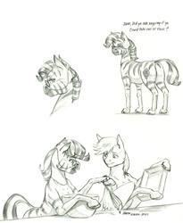 Size: 1000x1222 | Tagged: safe, artist:baron engel, imported from derpibooru, oc, oc:sky brush, pegasus, pony, zebra, butt, female, male, mare, monochrome, pencil drawing, plot, stallion, story included, traditional art, zebra oc