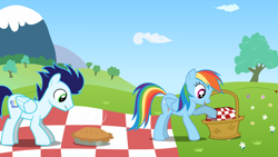Size: 1920x1080 | Tagged: safe, artist:ursamanner, imported from derpibooru, rainbow dash, soarin', pegasus, pony, basket, cloud, flower, food, grass, mountain, picnic, picnic basket, picnic blanket, pie, poppy, show accurate, smiling, steam, that pony sure does love pies, tongue out, tree