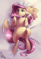 Size: 2510x3537 | Tagged: safe, artist:charlot, imported from derpibooru, fluttershy, pegasus, pony, blushing, cute, daaaaaaaaaaaw, digital art, drawing, fanfic art, floppy ears, high res, lying down, overhead view, shyabetes, solo