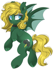 Size: 1668x2224 | Tagged: safe, artist:cinnamontee, imported from derpibooru, oc, oc:midnight lightning, bat pony, pony, bat pony oc, bat wings, blue eyes, choker, ear piercing, eyelashes, eyeshadow, female, flying, green coat, makeup, mare, piercing, shiny hoof, smiling, wings, yellow mane