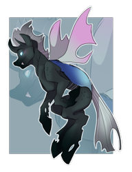 Size: 2300x3000 | Tagged: artist needed, safe, derpibooru exclusive, imported from derpibooru, oc, oc only, oc:identity crisis, changeling, changeling oc, commission, fangs, flying, high res, simple background, smiling, solo, transparent background