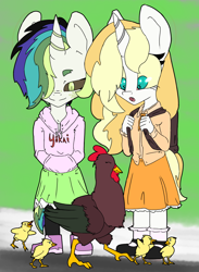 Size: 1848x2528 | Tagged: safe, artist:2hrnap, imported from derpibooru, imported from ponybooru, oc, oc only, oc:dyxkrieg, oc:gaia, alicorn, anthro, bird, chicken, plantigrade anthro, alicorn oc, anthro oc, backpack, clothes, eyes closed, fangs, female, hair over one eye, half-siblings, hoodie, horn, looking down, magical lesbian spawn, multiple parents, offspring, open mouth, parent:oc:apogee, parent:oc:dyx, parent:oc:filly anon, parent:oc:luftkrieg, parent:oc:nyx, parent:oc:zala, parents:oc x oc, ponybooru import, siblings, sisters, skirt, smiling, wings