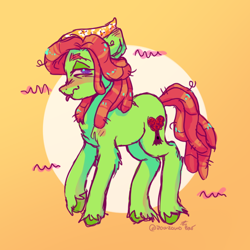Size: 628x628 | Tagged: safe, artist:zowzowo, imported from derpibooru, tree hugger, earth pony, pony, colorful, fluffy, profile, side profile, simple background, solo, tongue out, unshorn fetlocks, wavy mouth
