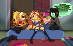 Size: 3974x2510 | Tagged: safe, artist:rileyav, imported from derpibooru, sunset shimmer, oc, oc:dyx, oc:filly anon, human, equestria girls, >no hooves, angry, bottomless, bra, bra strap, clothes, comic book, couch, cross-popping veins, drugs, female, filly, frown, high res, joint, marijuana, partial nudity, sarong, second hand smoke, sitting, smoking, socks, stocking feet, stockings, striped socks, sunset's apartment, thigh highs, underwear, wig