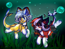 Size: 1821x1370 | Tagged: safe, artist:ube, artist:ubebreb, imported from derpibooru, oc, oc only, oc:rubber ducky, oc:soy sauce, original species, shark, shark pony, background, derp, goggles, heterochromia, mismatched eyes, seaweed, sharkpony, swim mask, swimming, swimming goggles, underwater, underwater pony